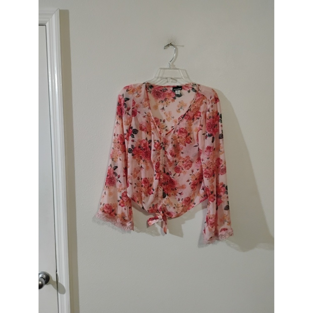 Joe Boxer Floral Tie Front Top Pink Rose Bell Sleeve Lace Trim Blouse Medium